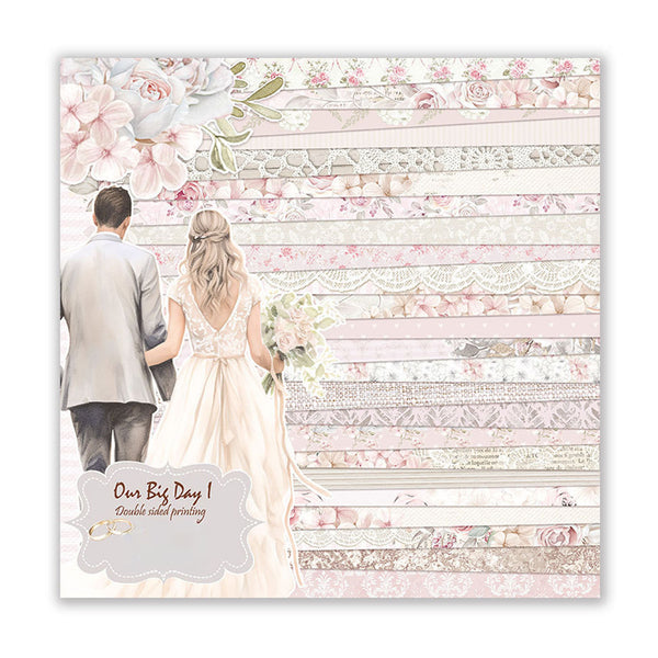 Wedding-themed paper with floral designs and a couple illustration on a white background