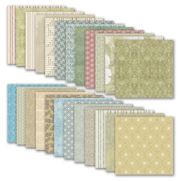 Collection of patterned paper sheets in various designs and colors.
