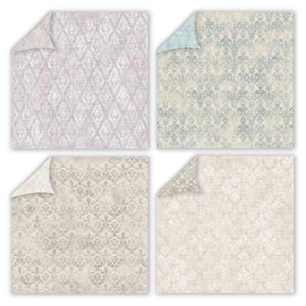 Four different patterns of a fabric swatch on a white background
