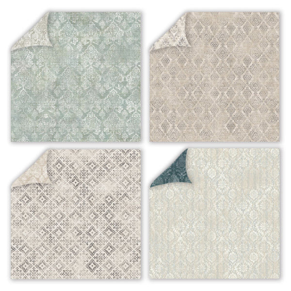 Four different patterns of a fabric swatch on a white background