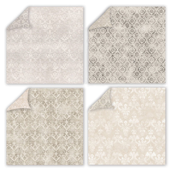 Four square tiles with different beige and gray patterned designs on a white background