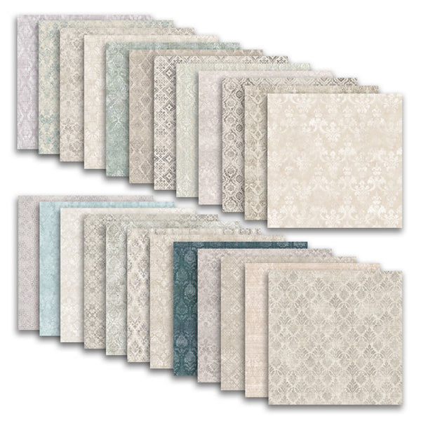 Set of patterned paper sheets arranged in rows on a white background