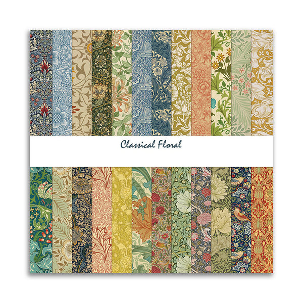 Collection of classical floral patterns in a grid layout on a white background.