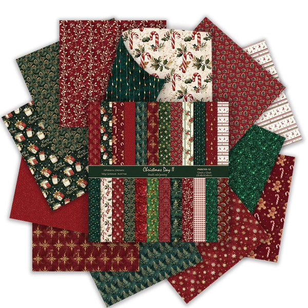 Collection of Christmas-themed fabric swatches in red, green, and white on a white background.