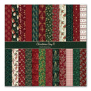 Collection of Christmas-themed fabric patterns in red, green, and white on a packaging box.