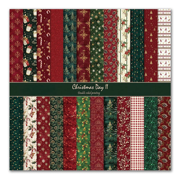 Collection of Christmas-themed fabric patterns in red, green, and white on a packaging box.