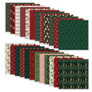 Collection of Christmas-themed fabric swatches in red, green, and white patterns.