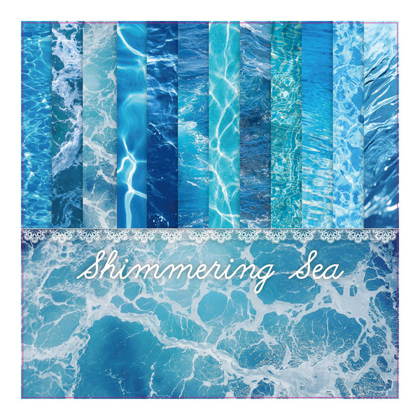Collection of blue and white striped and textured water patterns with 'Shimmering Sea' text.