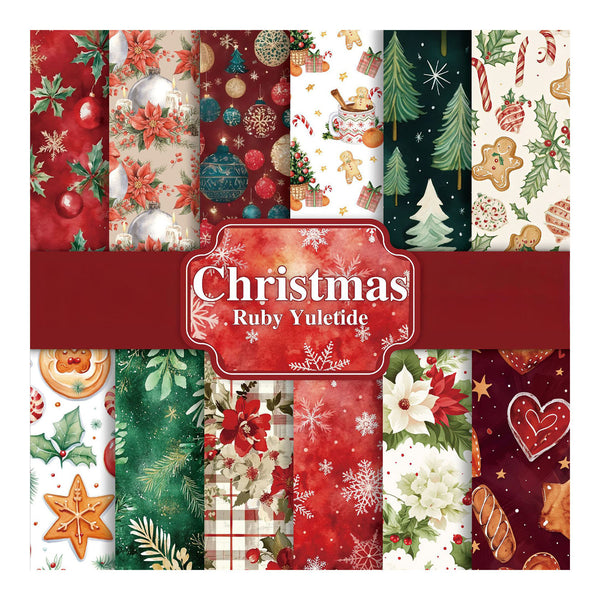 Collection of Christmas-themed fabric patterns with a central 'Christmas Ruby Yuletide' label.