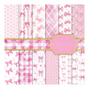 Collection of pink and white patterned paper sheets with decorative elements on a white background.