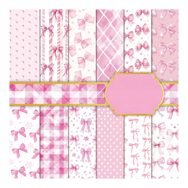 Collection of pink and white patterned paper sheets with decorative elements on a white background.