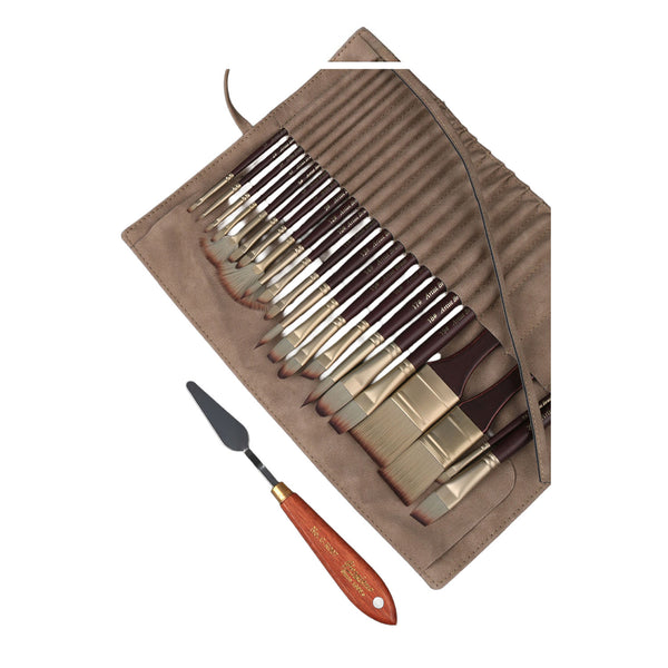 Set of paintbrushes in a brown case with a knife on a white background