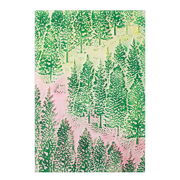 Patterned paper with green and pink tree design on a white background