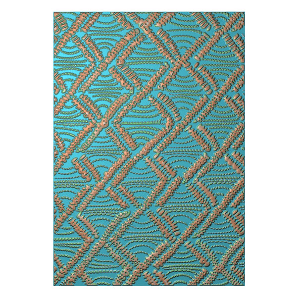 Patterned rug with blue and brown colors on a white background