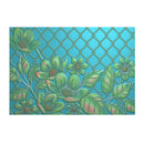 Decorative mat with green floral pattern on a blue background