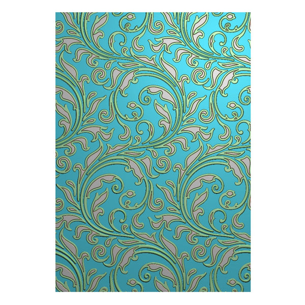 Decorative paper with a blue and green paisley pattern on a white background