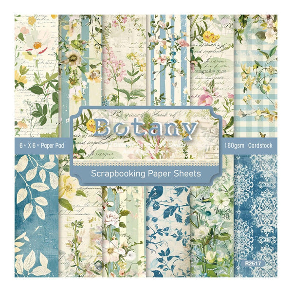 Scrapbooking paper sheets with botanical designs and 'Botany' branding.