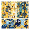 Patterned fabric with bees and honeycomb designs in blue and yellow colors.