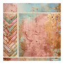 Collection of distressed paper sheets with pink, gold, and blue textures.