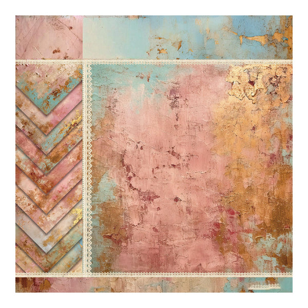 Collection of distressed paper sheets with pink, gold, and blue textures.