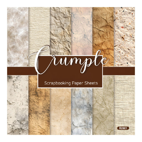 A sheet of scrapbooking paper featuring ten vertical strips of textured papers in neutral earth tones, with a brown banner across the center reading 'Crumple Scrapbooking Paper Sheets'.