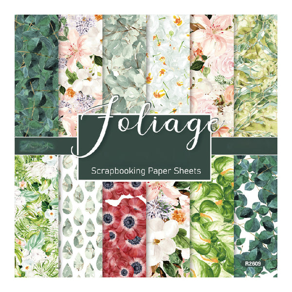 A pack of 12 scrapbooking paper sheets from the brand Foliage, featuring various botanical and floral patterns in shades of green, pink, red, and white. A dark green central label with white text reads 'Foliage Scrapbooking Paper Sheets'.