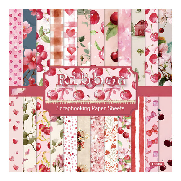 A pack of scrapbooking paper sheets featuring a cherry and pink floral theme, with various patterns including polka dots, stripes, hearts, and floral prints. A central label reads 'Raspberry Scrapbooking Paper Sheets'.