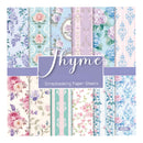 A sheet of scrapbooking paper featuring multiple pastel floral and striped patterns, with a central label reading 'Thyme Scrapbooking Paper Sheets' and a small code 'R2806'.