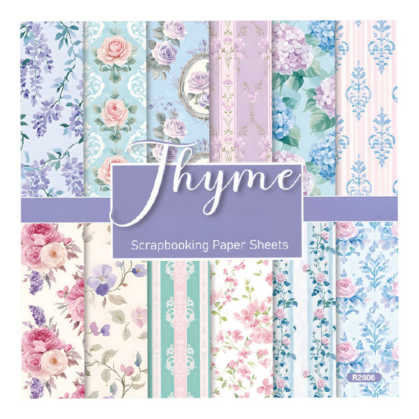 A sheet of scrapbooking paper featuring multiple pastel floral and striped patterns, with a central label reading 'Thyme Scrapbooking Paper Sheets' and a small code 'R2806'.