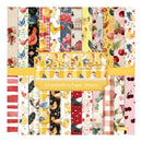 A sheet of scrapbooking paper featuring multiple vertical patterned strips in a rustic farmyard theme, including chickens, chicks, flowers, plaid, stripes, and a small house. A yellow banner across the center reads 'Pastries' and 'Scrapbooking Paper Sheets.