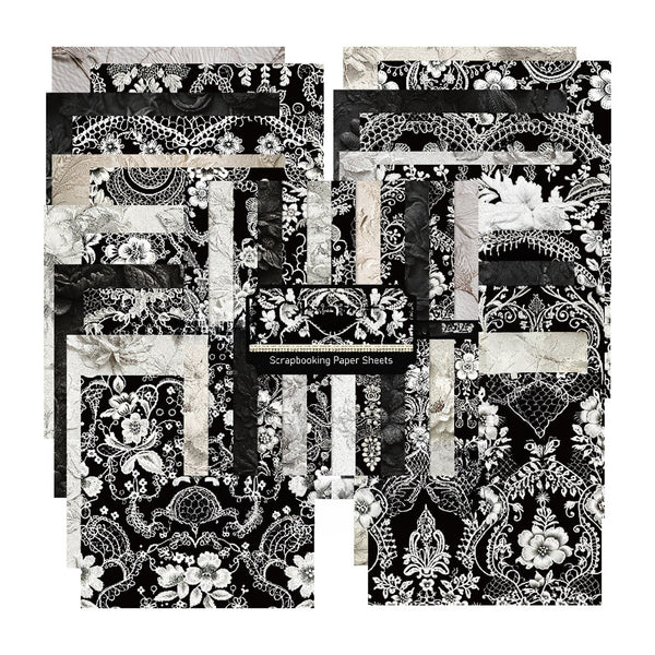 A set of black and white scrapbooking paper sheets with intricate floral, lace, and damask patterns, arranged in a fan-like layout on a white background.