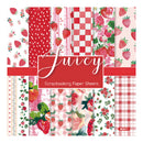 A sheet of scrapbooking paper featuring a strawberry-themed pattern collection with red, pink, and white designs, including stripes, checks, and floral prints. A central red label reads 'Juicy Scrapbooking Paper Sheets' with the code R2611 in the bottom right corner.