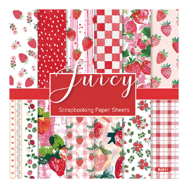 A sheet of scrapbooking paper featuring a strawberry-themed pattern collection with red, pink, and white designs, including stripes, checks, and floral prints. A central red label reads 'Juicy Scrapbooking Paper Sheets' with the code R2611 in the bottom right corner.