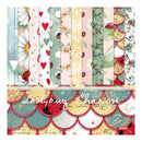 A set of colorful patterned paper sheets arranged in vertical and horizontal strips, featuring floral, ladybug, heart, and scalloped designs. The bottom sheet has the text 'Ladybug Charm' and the code 'R2812'.
