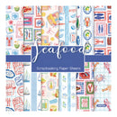 A sheet of scrapbooking paper featuring a collage of various nautical and seafood-themed patterns, including crabs, lobsters, fish, ships, and postage stamps in red, blue, and white. A dark blue banner in the center reads 'seafood Scrapbooking Paper Sheets'.