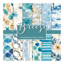 A 12-sheet scrapbooking paper pack titled 'Breeze' featuring various blue and beige nautical-themed patterns including seashells, sailboats, seashells, leaves, stripes, and flowers.