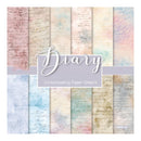 A set of 12 scrapbooking paper sheets arranged in two rows of six, featuring a soft pastel watercolor design with cursive script. The colors include dusty pink, cream, light blue, mint green, and lavender.
