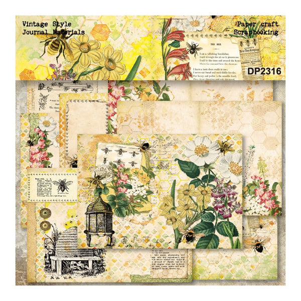 Vintage-style paper craft scrapbooking material with flowers, bees, and text.