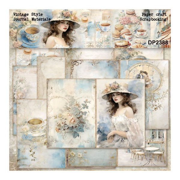 Vintage-style paper craft set with images of a woman, tea cups, and flowers.