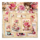 Vintage-style paper craft scrapbooking material with pink flowers, cakes, and a woman's face.