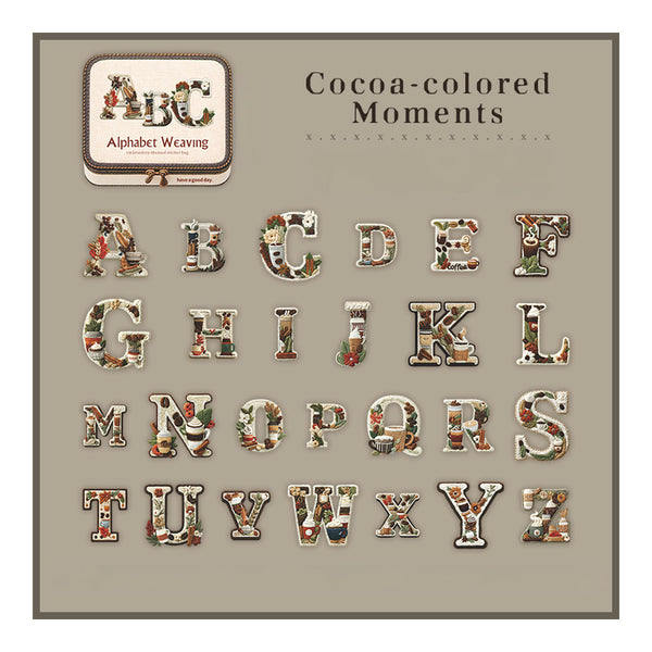 Alphabet letters with a floral pattern on a beige background, featuring the brand 'Cocoa-colored Moments'.