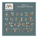 Floral alphabet letters on a blue background with 'Daisy's Tranquil Realm' branding.