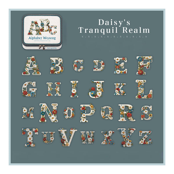 Floral alphabet letters on a blue background with 'Daisy's Tranquil Realm' branding.
