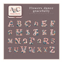 Floral alphabet letters on a brown background with 'Alphabet Weaving' branding.
