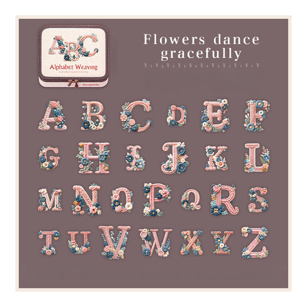 Floral alphabet letters on a brown background with 'Alphabet Weaving' branding.