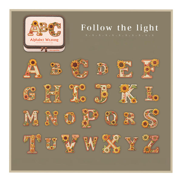 Decorative alphabet set with floral designs on a green background, featuring the text 'Follow the light'.