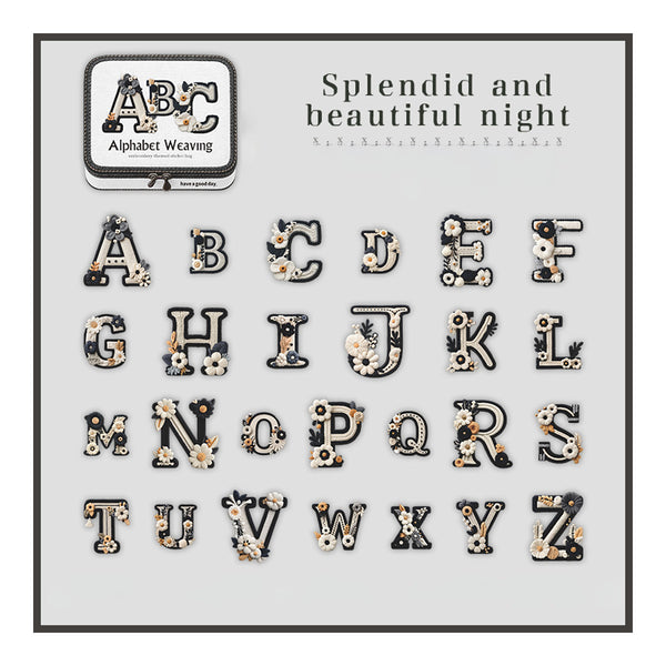 Decorative alphabet letters with floral designs on a white background, featuring the brand 'Alphabet Weaving'.