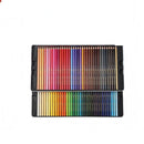Set of colored pencils in a black case on a white background