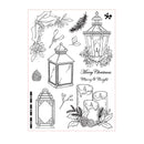 Black and white illustration of Christmas-themed elements including lanterns and candles on a white background.