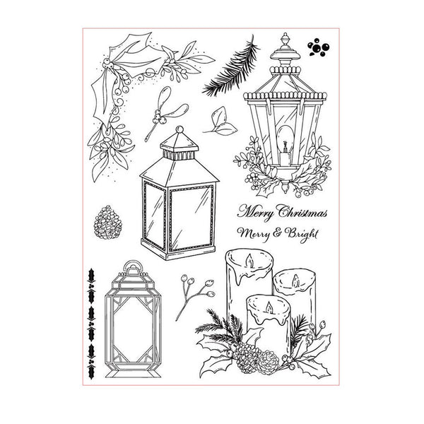 Black and white illustration of Christmas-themed elements including lanterns and candles on a white background.